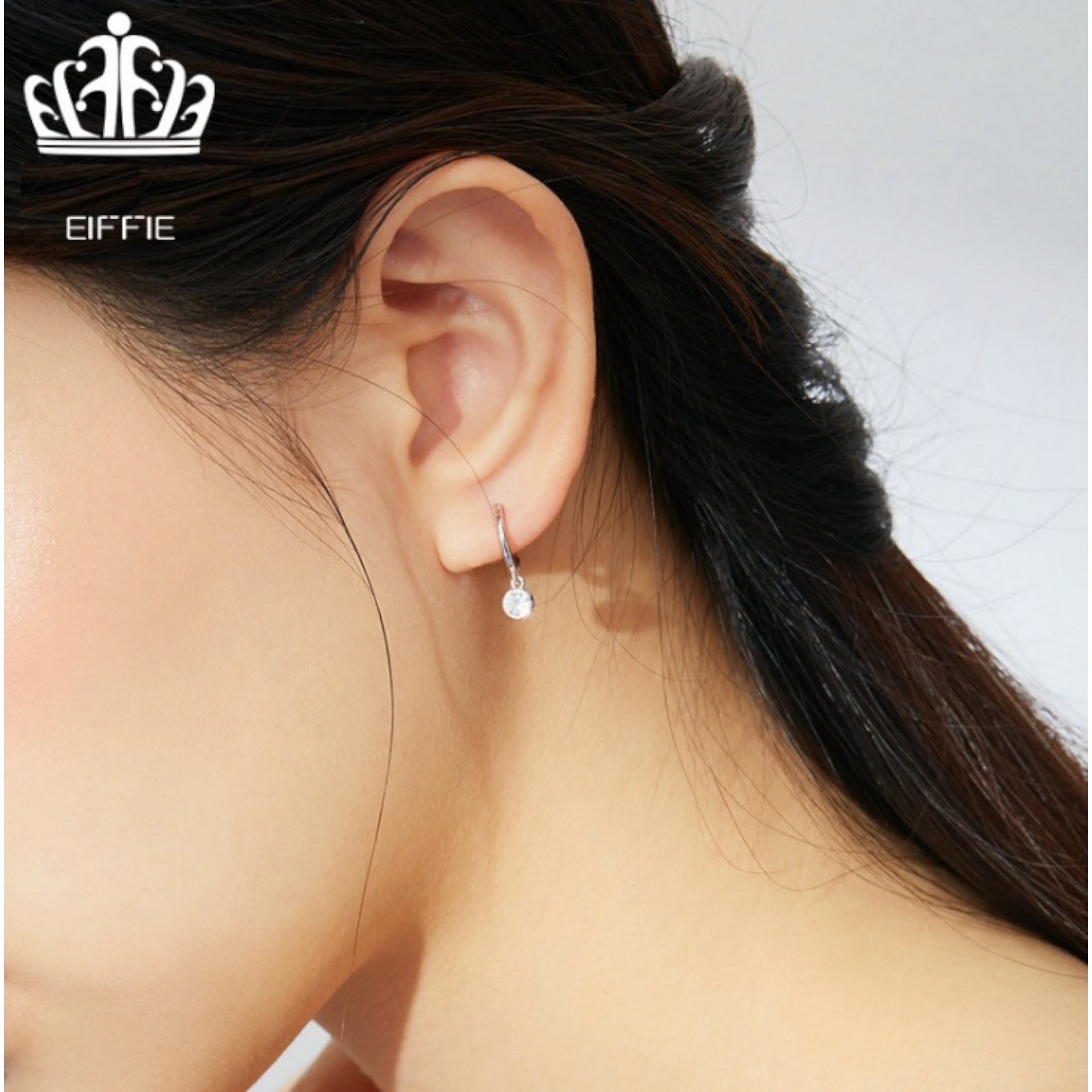 925 Sterling Silver Dangle Clear Round CZ Small Huggie Hoop Earrings 12mm B51