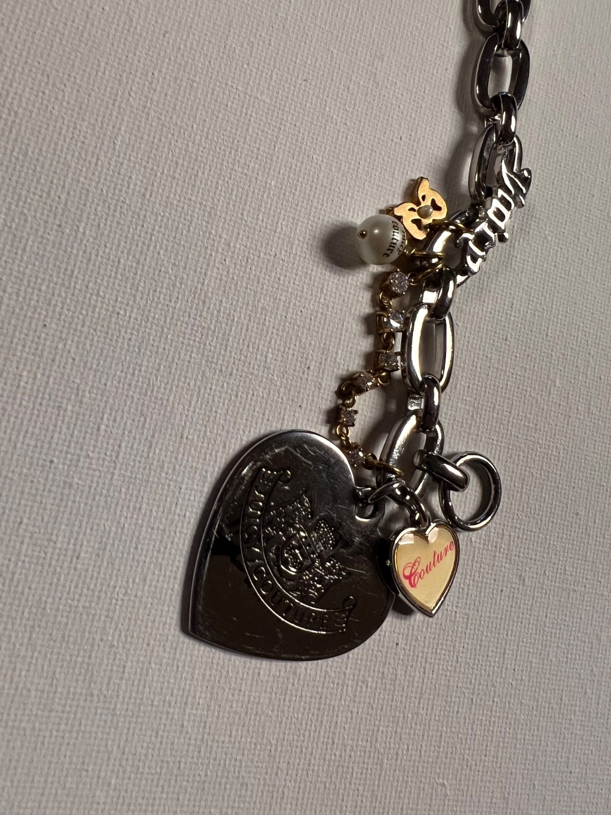 Y2K Juicy Couture LET THEM EAT COUTURE Heart Pearl Charm Bracelet Silver Tone