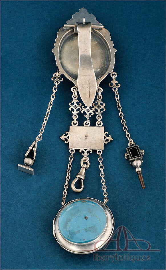 Antique French Chatelaine Silver-Plated Metal and Enamel. France, Circa 1840