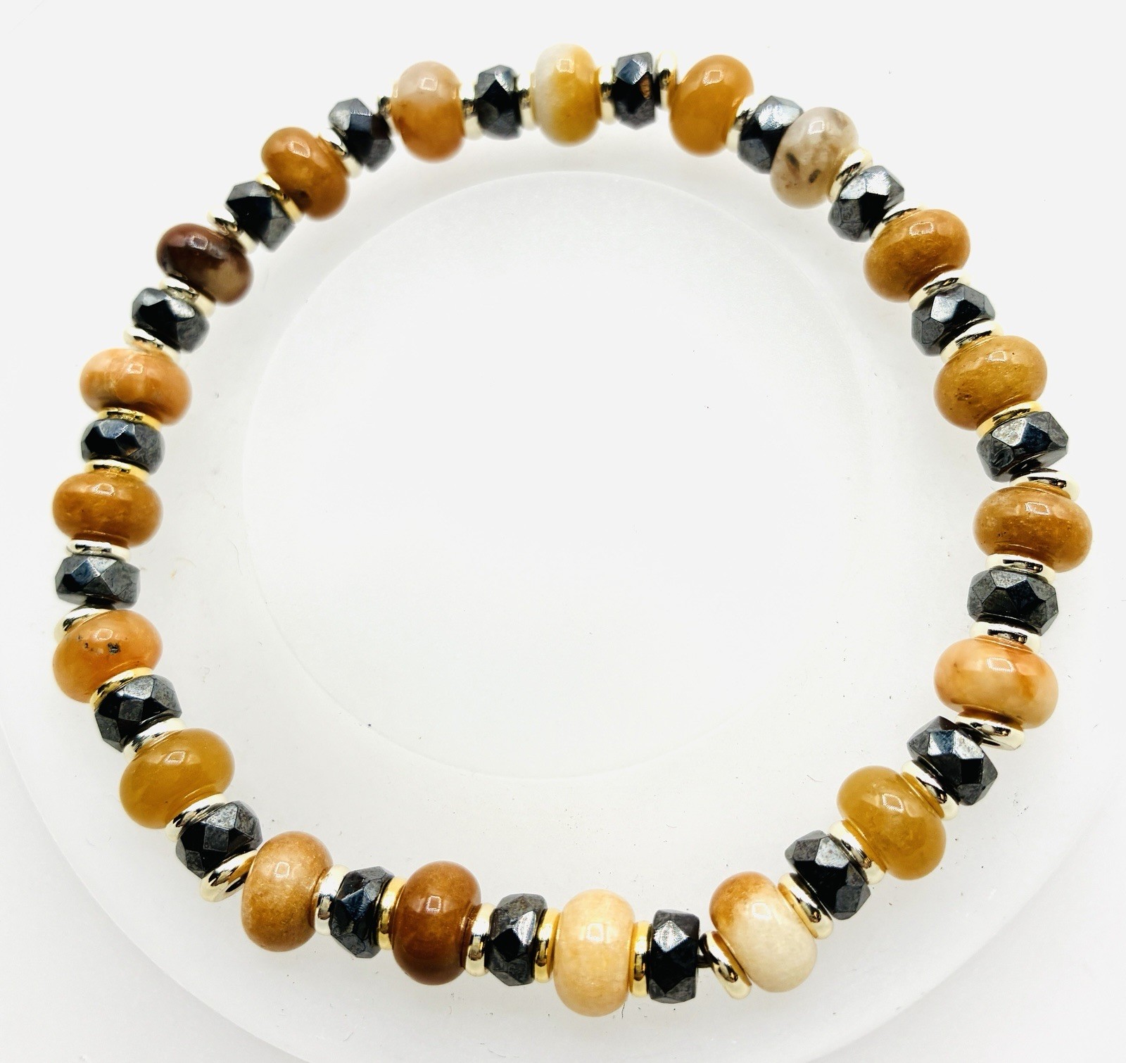 Stretch Bracelet Cream & Black Quartz Roundels & Gold Plated Discs Size 7.7”
