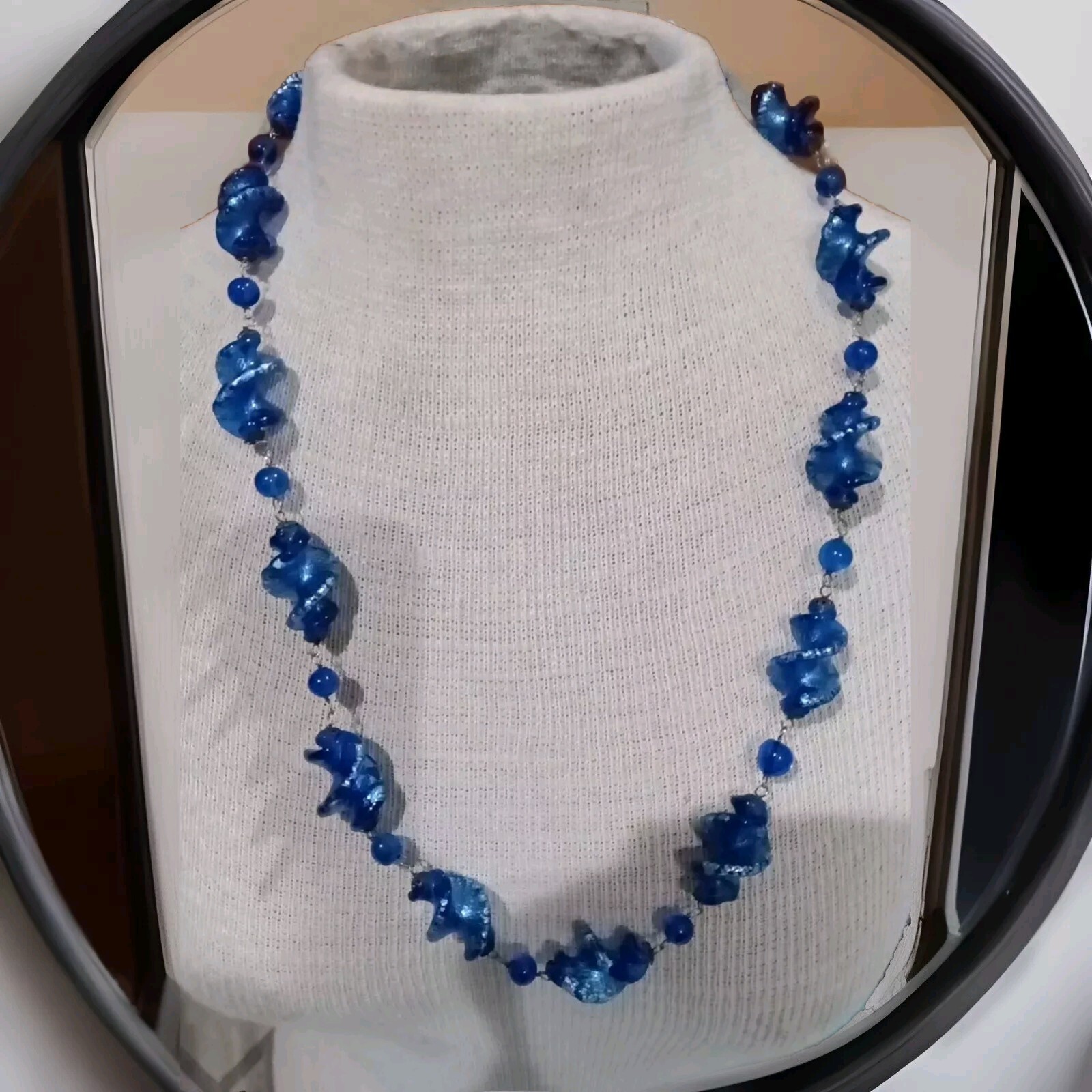 Handcrafted Twisted Blue White Murano Glass Blue Round Beads & Gunmetal Necklace
