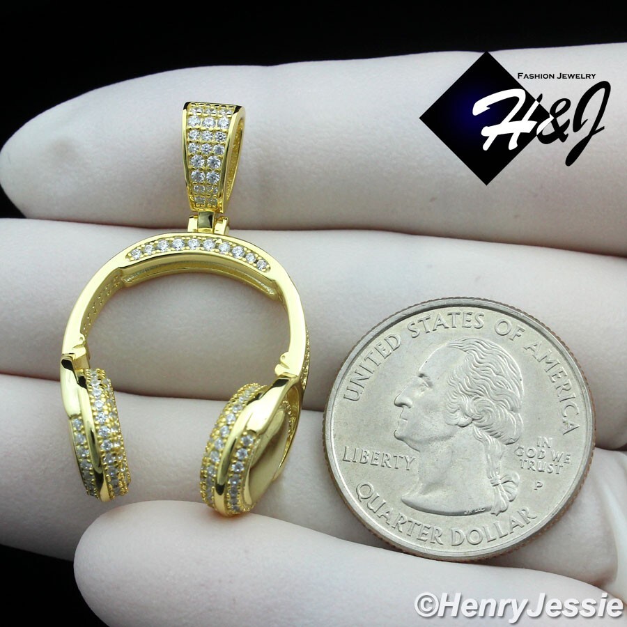 925 STERLING SILVER ICY BLING CZ 3D GOLD PLATED HIP HOP HEADPHONE PENDANT*GP401