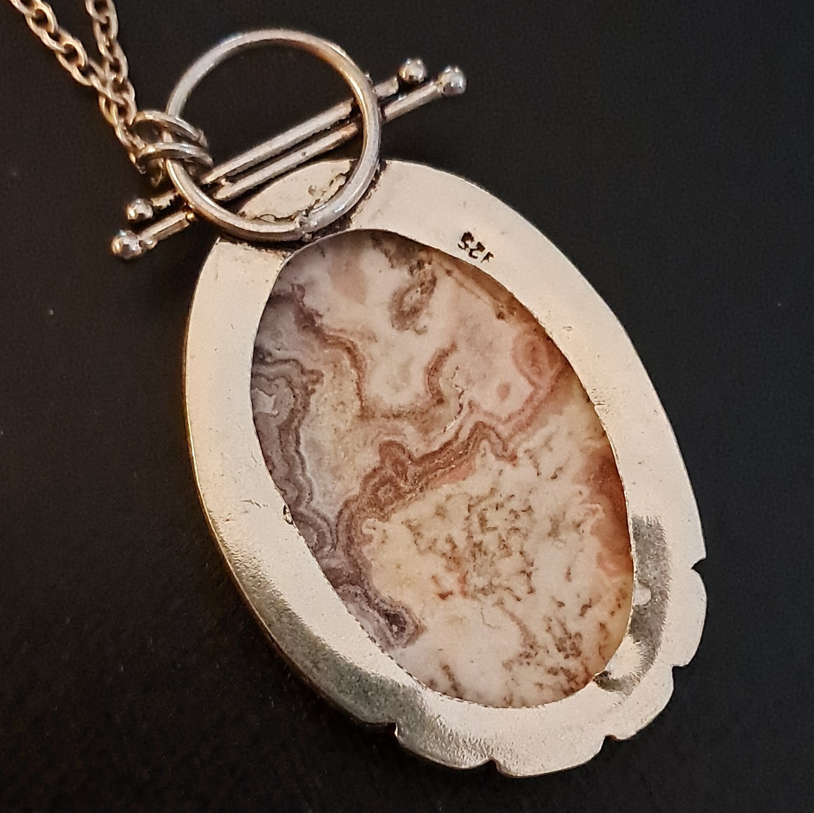 925 Sterling Oval Crazy Lace Agate Pendant Necklace, Cable Chain, Hook Closure