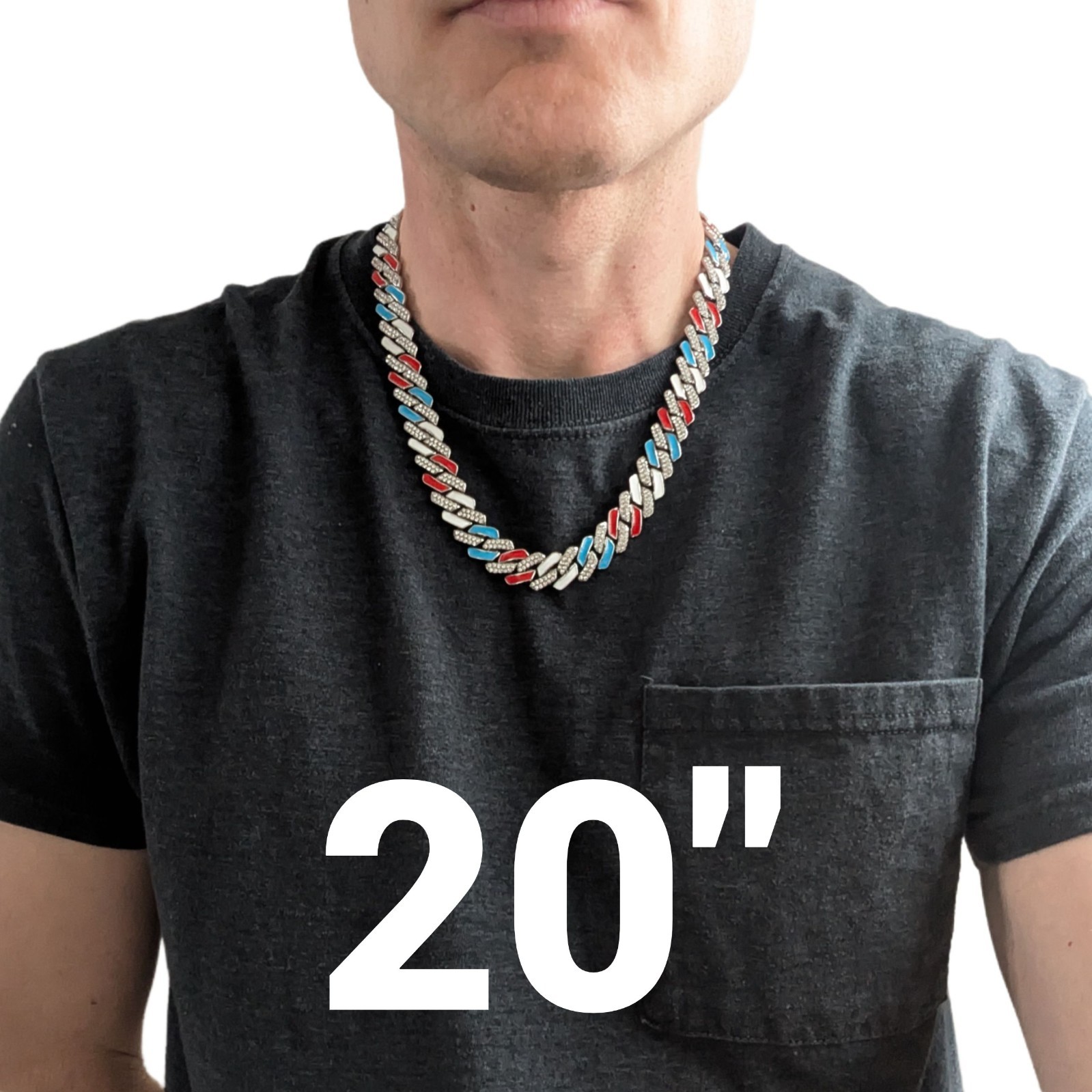 Silver, Red White & Blue Iced-Out Tilted Cuban Link Chain Gem Necklace (20″-28″)