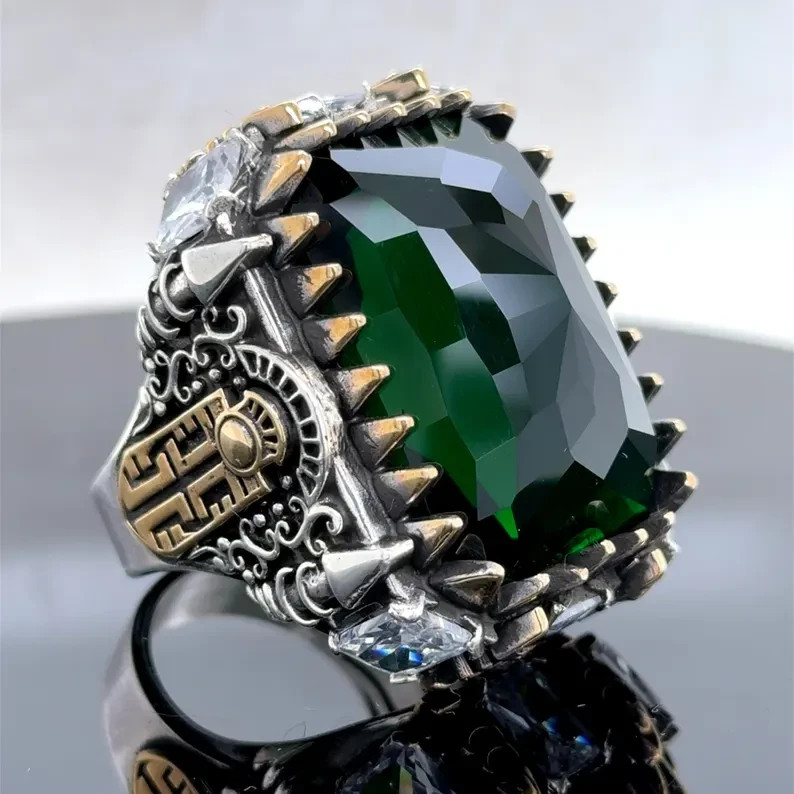Solid 925 Turkish Handmade Green Emerald Ring Large Men Statement Jewelry