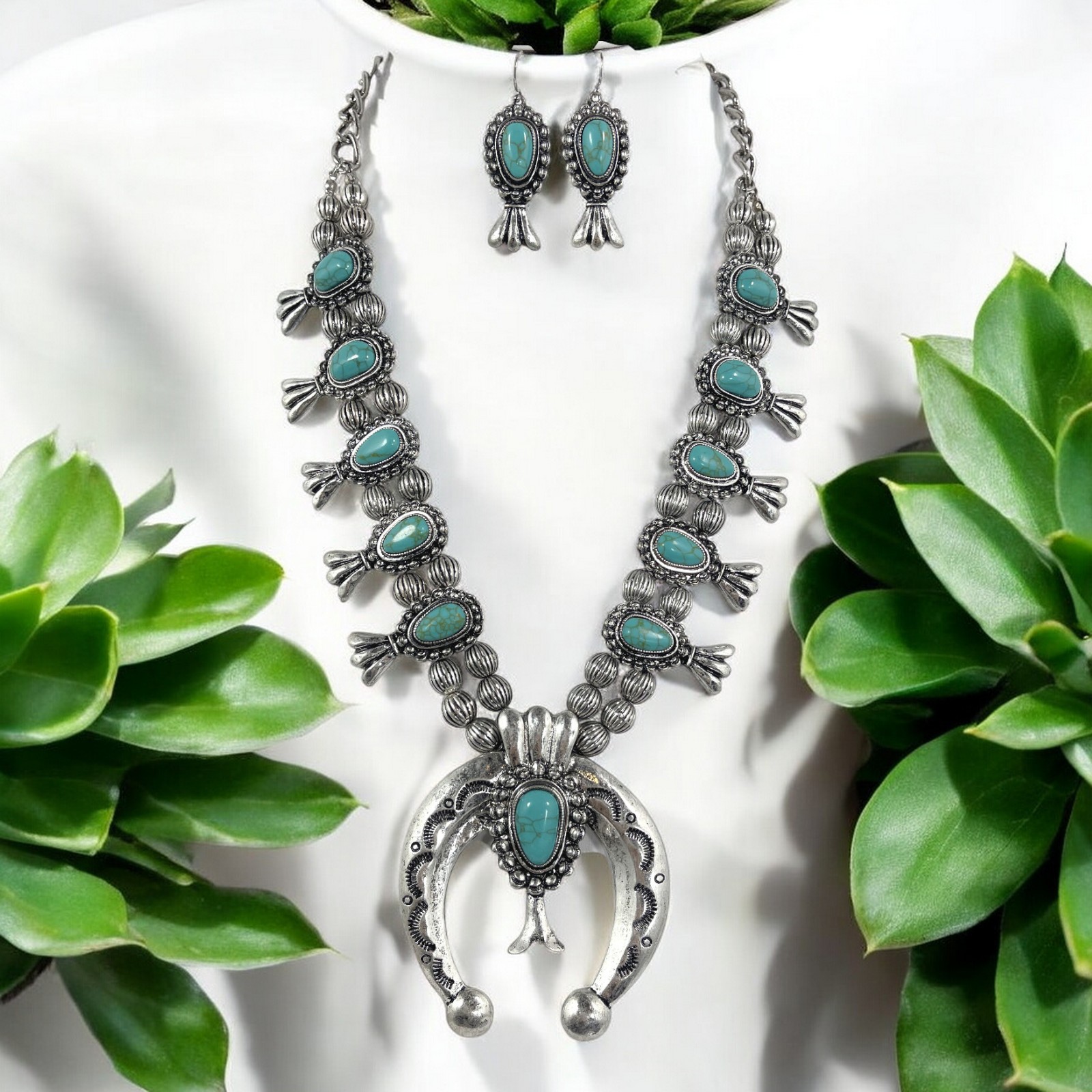 Squash Blossom Naja Pendant Necklace Earrings Set Southwestern Statement Boho
