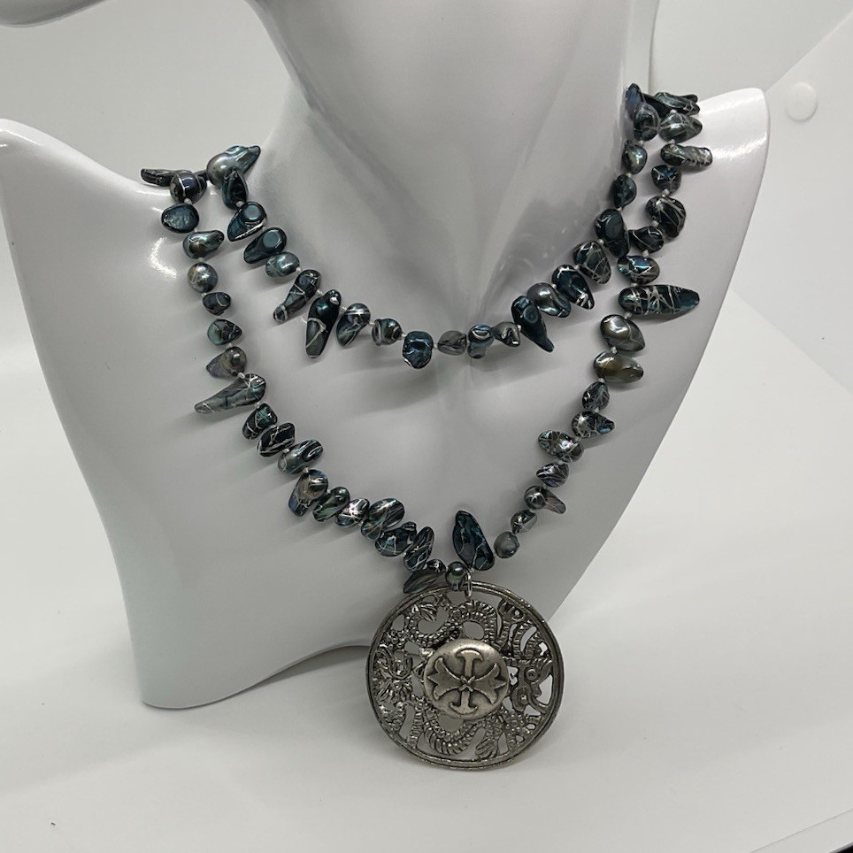 Multi-Strand Gray Beaded Ball Chain Necklace w/ Round Silver-Tone Medal Pendant