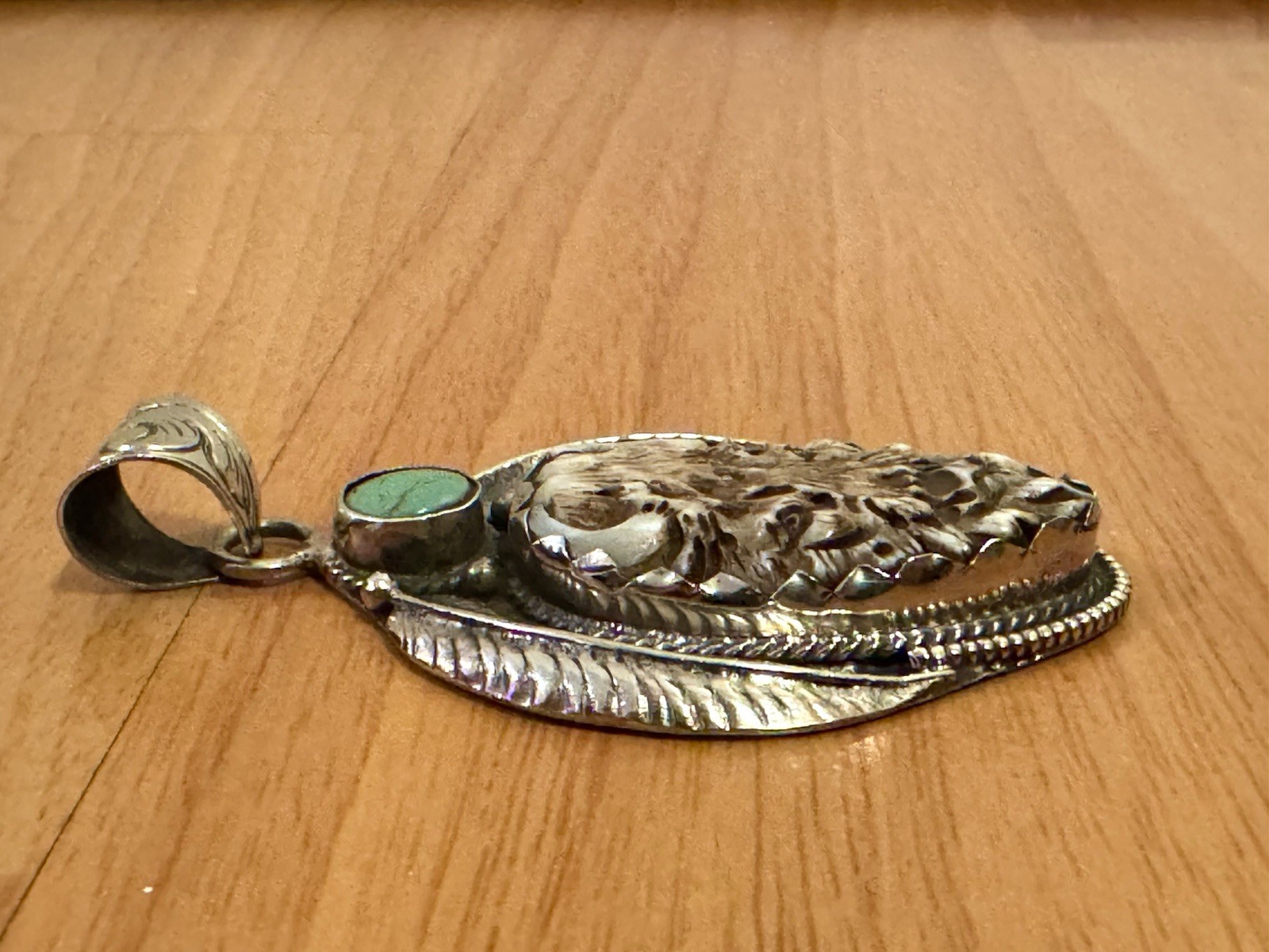 Hand Carved Bone Pendant,Bison Art,Auspicious Floral Carving,Turquoise & Silver