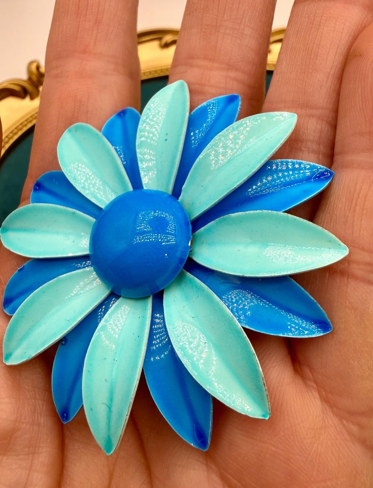 Vintage Enamel Daisy Brooch, Turquoise Cobalt Mod Floral Pin