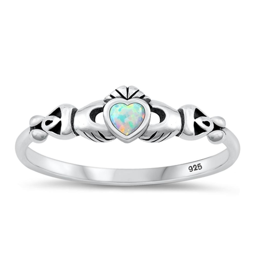 White Lab Opal Mini Celtic Claddagh Ring New 925 Sterling Silver Band Sizes 4-10
