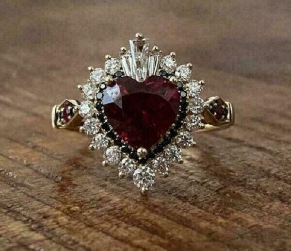 2.50Ct Heart Cut Red Garnet & Diamond Halo Engagement Ring 14K Rose Gold Finish