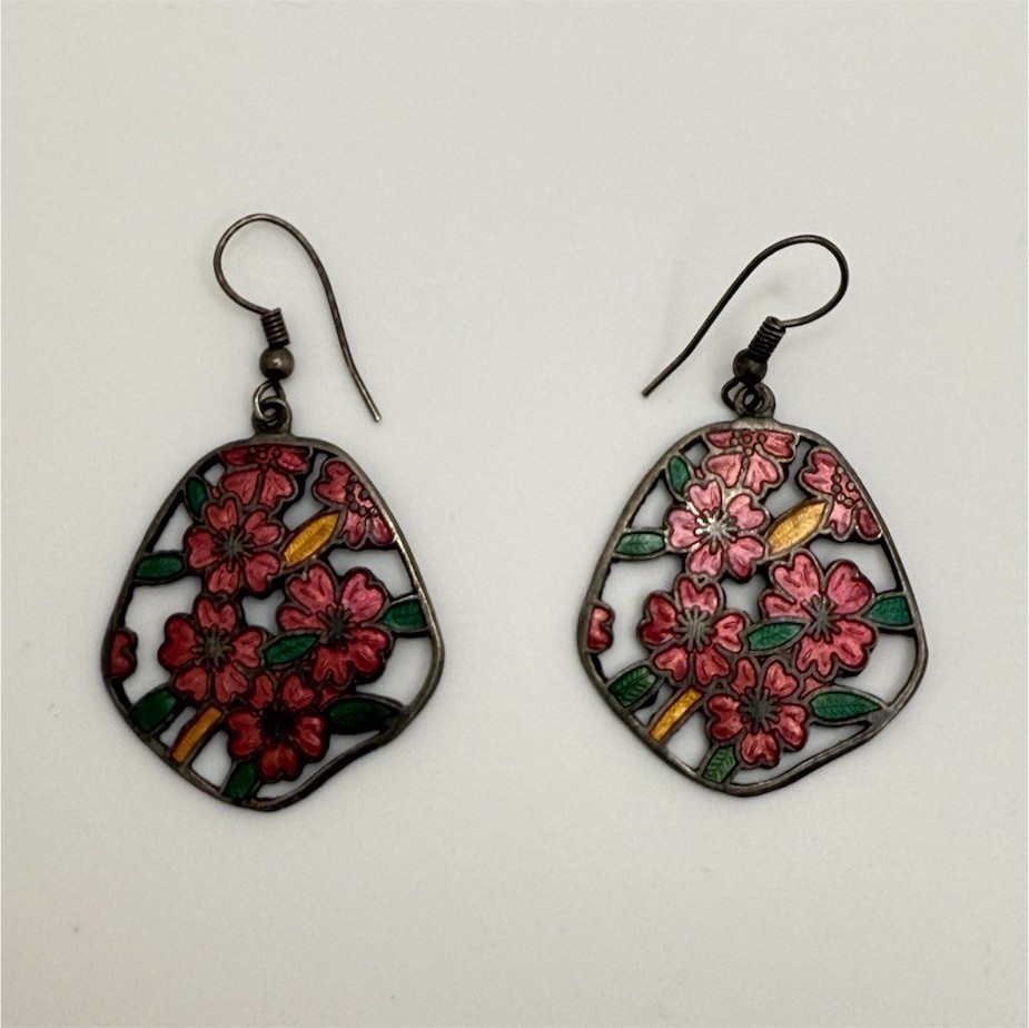 Vintage cloisonné Multicolor Enamel Floral Dangle Drop Hook Earrings, No Stone