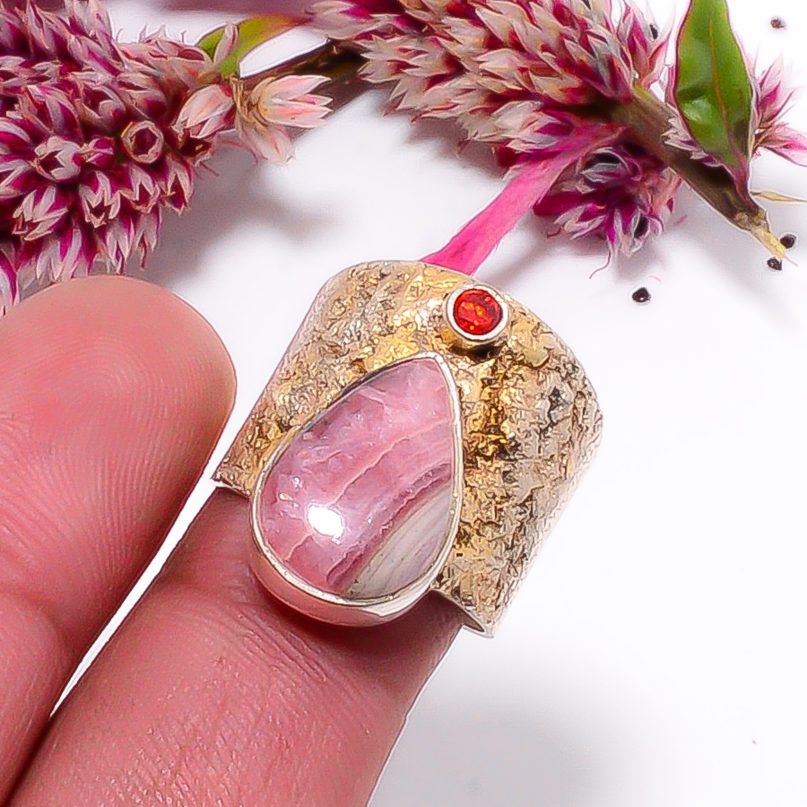 Rhodochrosite – Argentina & Red Garnet Two Tone 925 Sterling Silver Ring s.7 S36