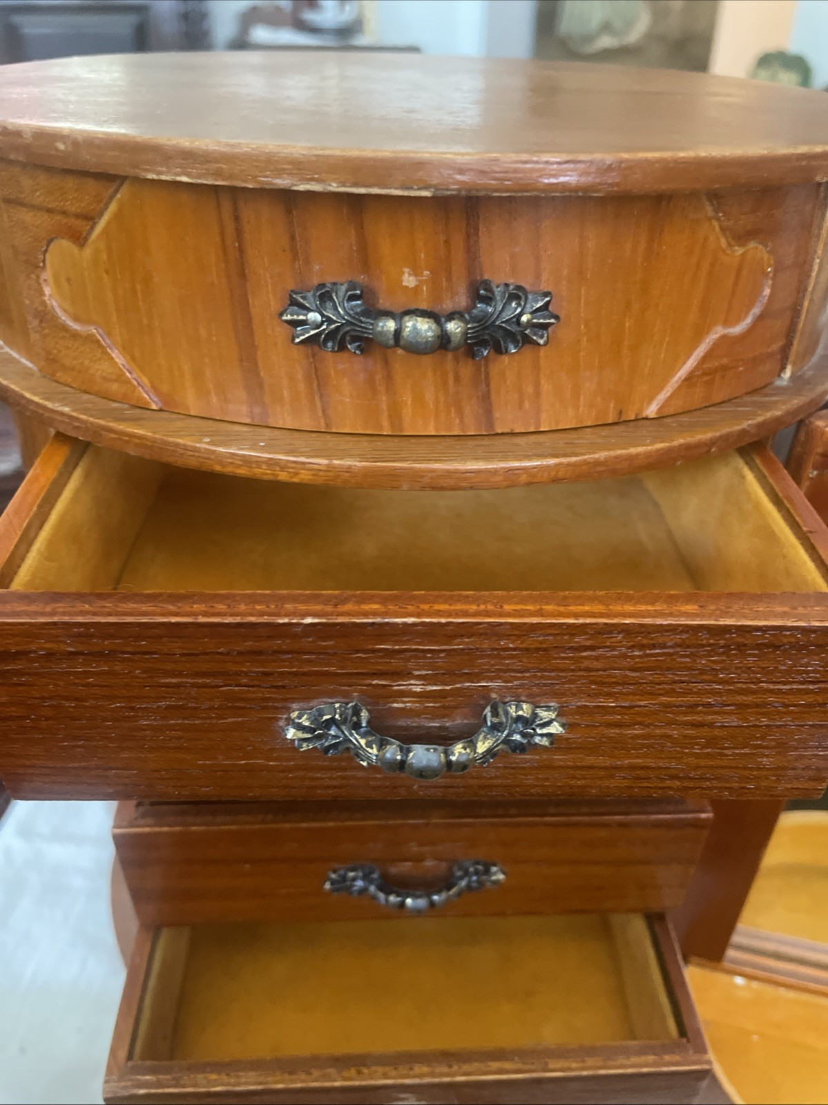 MCM round Wooden jewelry chest table top armoire W/ 5 Drawers And Mirror