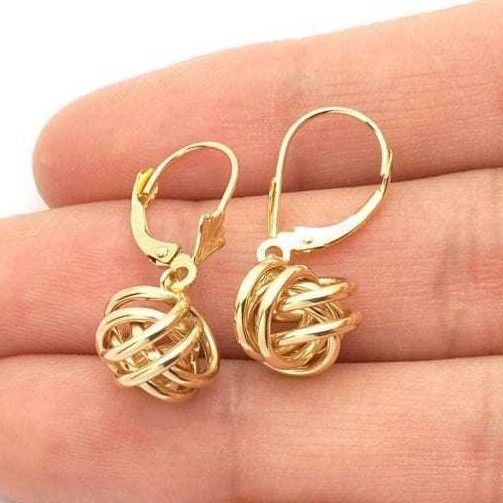 14K Yellow Gold White Gold Dangle Drop Love Knot Lever Back Earrings 10mm
