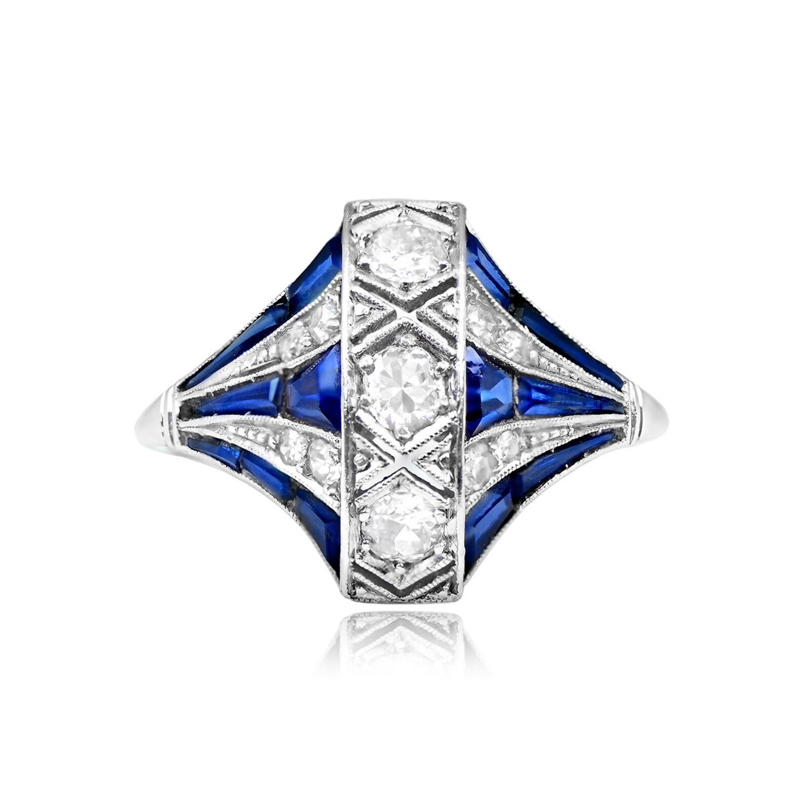 14K White Gold FN Art Deco Style Lab Created Diamond & Sapphire Engagement Ring