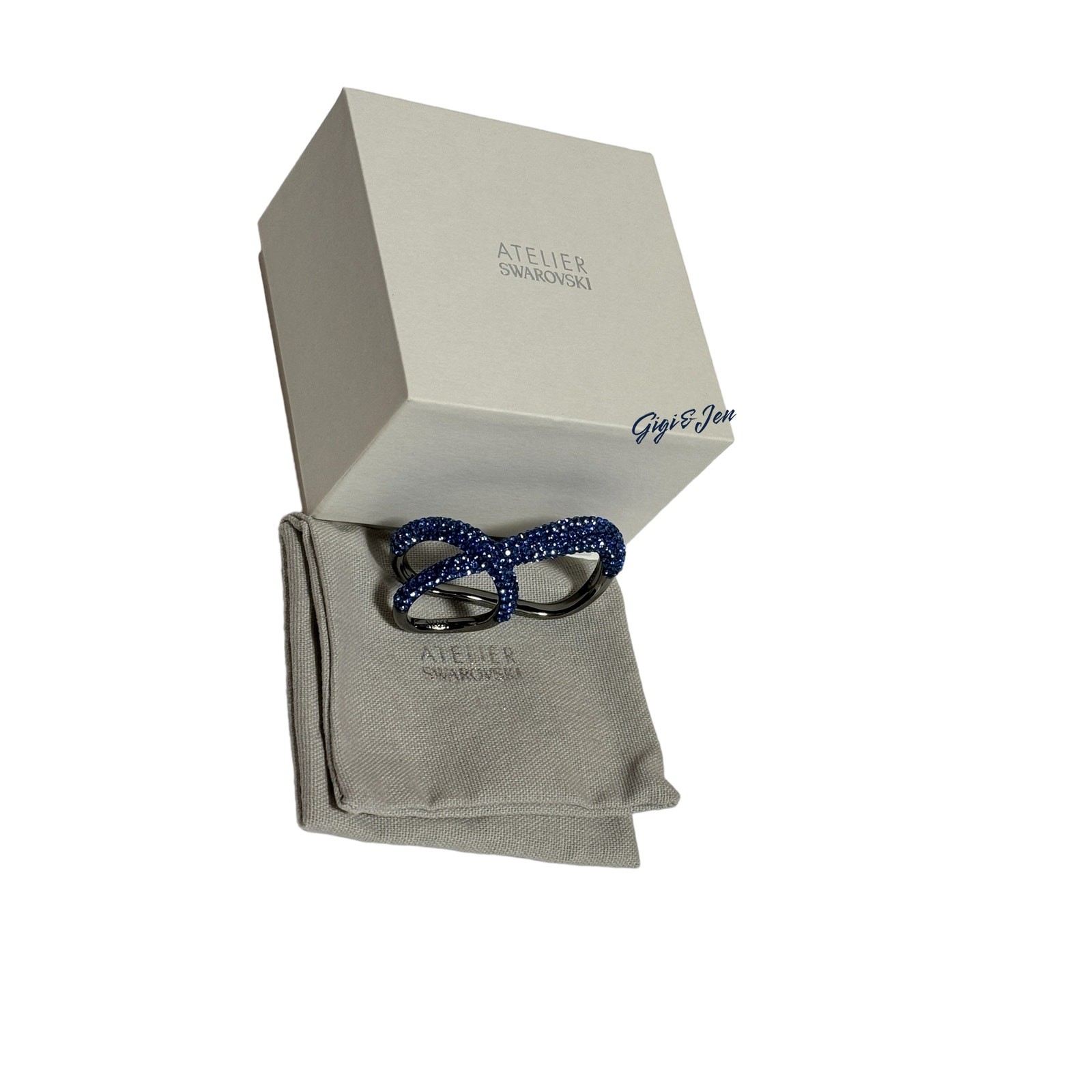 Swarovski Tigris double ring Blue, Ruthenium plated Size 52/6 USA