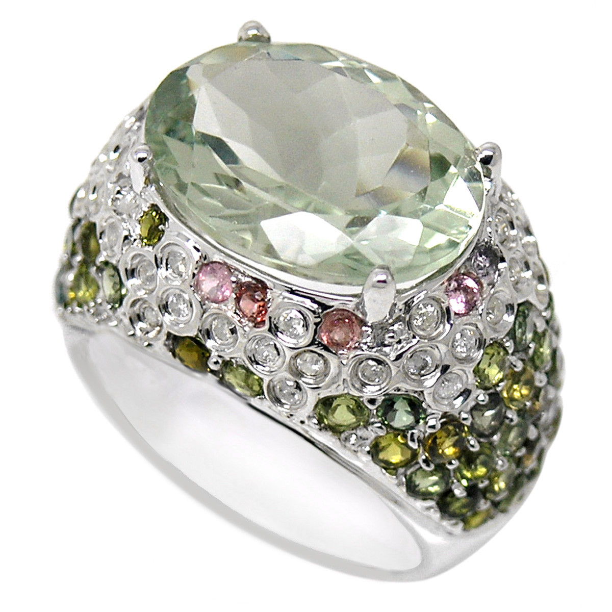 De Buman 9K White Gold 9.6ct Green Amethyst with Diamond Ring, Size 8.5