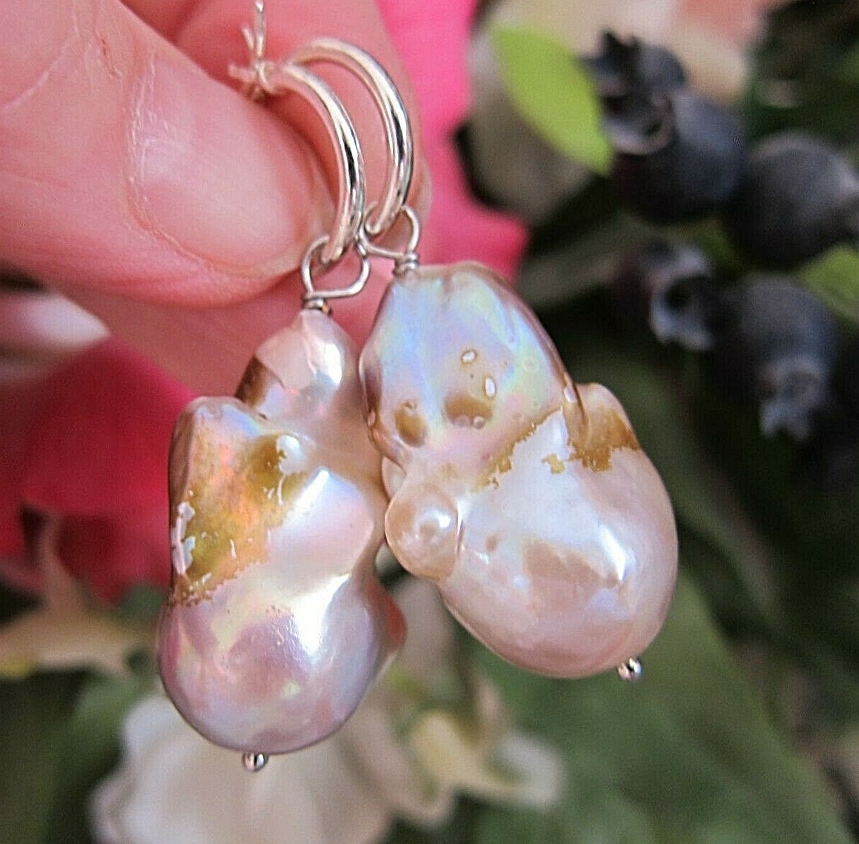 Huge Purple South Sea Keshi Reborn Pearl Drop Earrings on Silver Hoop 25 29mm.