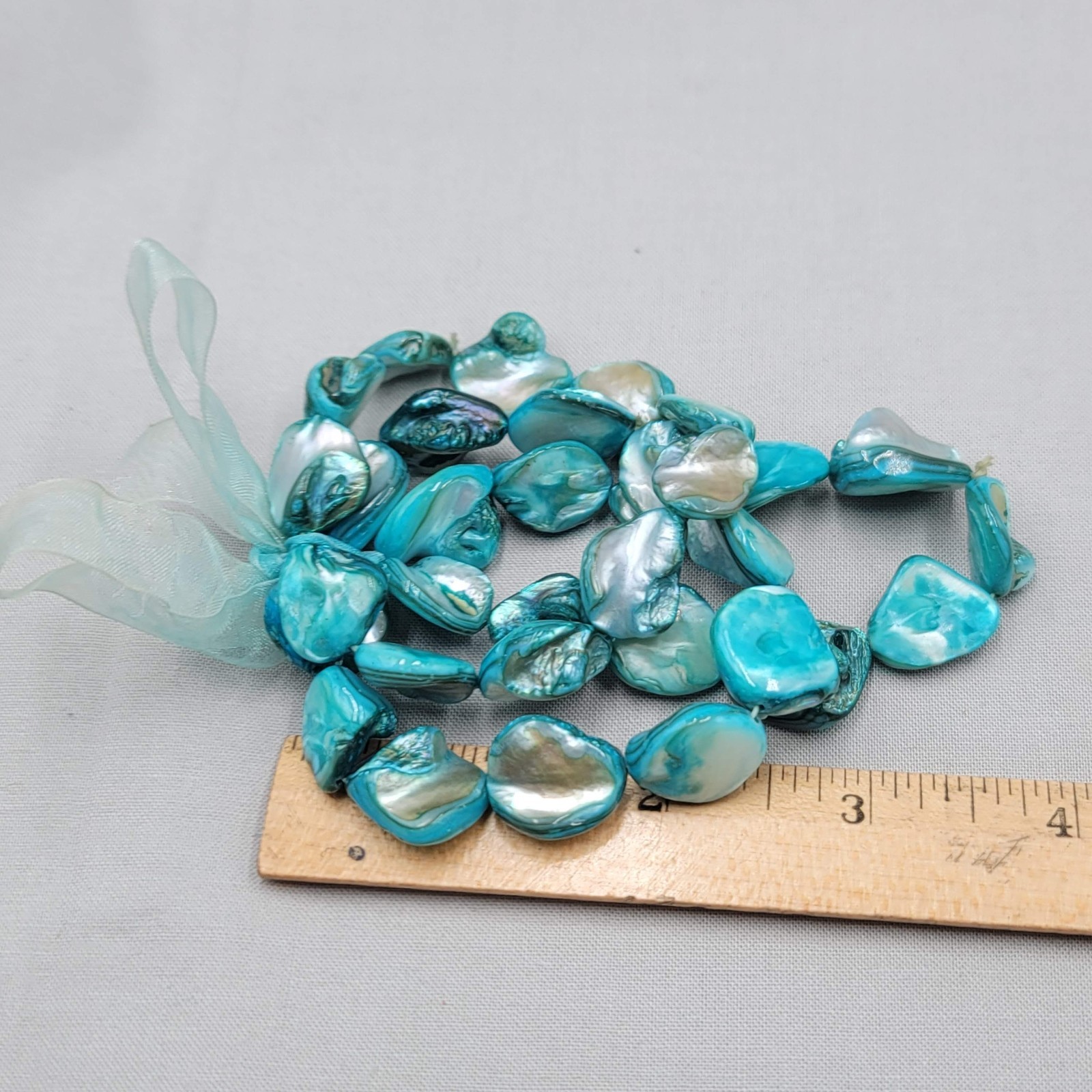 Teal Blue Dyed Real Seashell Bead Bracelet Set of 3 Elastic 6″
