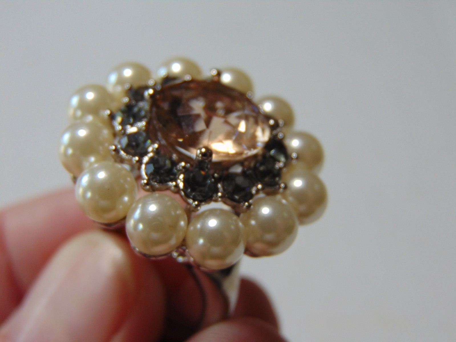 VTG NVC Faux Pearl Topaz Glass Cocktail Ring Size Adjustable FREE SHIPPING