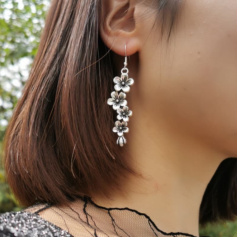 Flower Earrings Long Drop Ear hook with Blossom Design Friendship Jewelry Gift