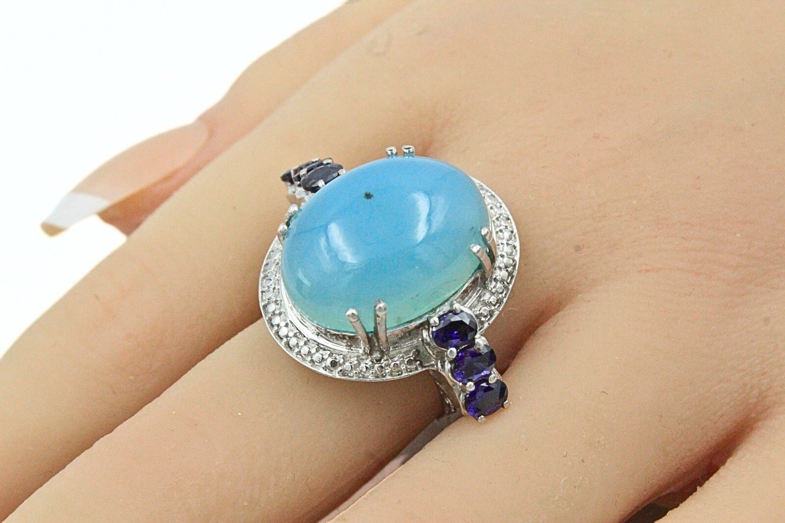 Karis STS Signed Rhodium Plate Light Blue Glass Cab Purple CZ Cocktail Ring Sz 9