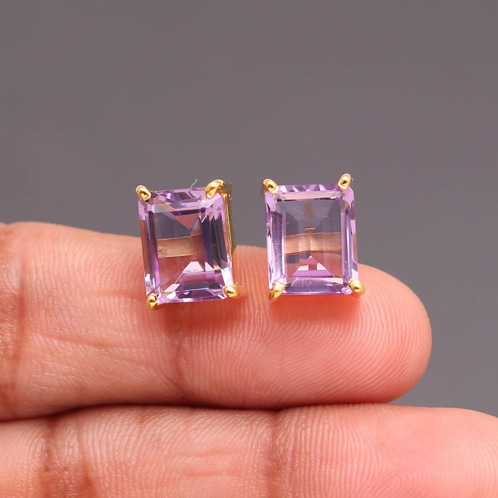 Natural Pink Amethyst Octagon Stud Earring Gold Fill Solid Silver Unique Jewelry