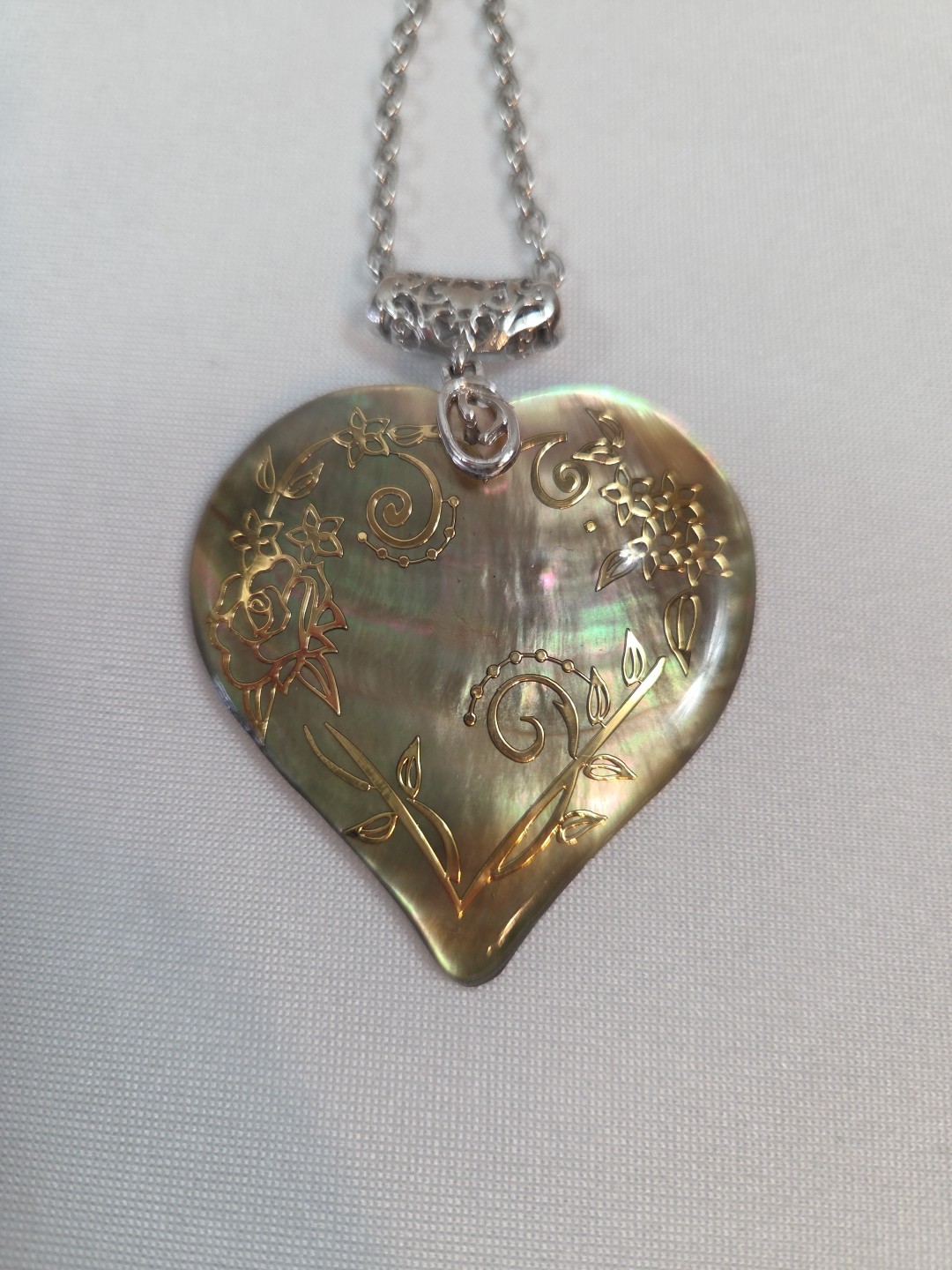 Abalone Shell Large Heart Gold Gilded Swirl Flowers Statement Pendant Necklace