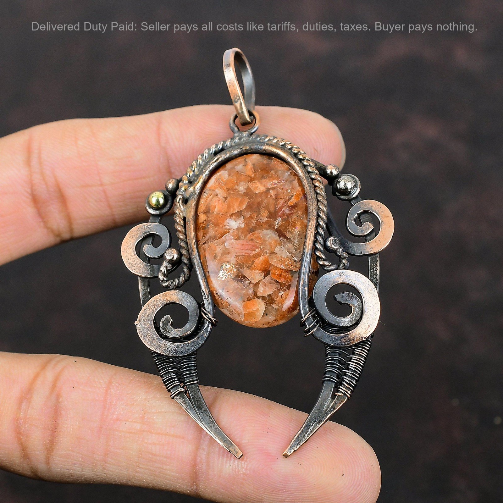Sacral Chakra Natural Sunstone Wife Wire Wrapped Birthday Pendant Jewelry Copper