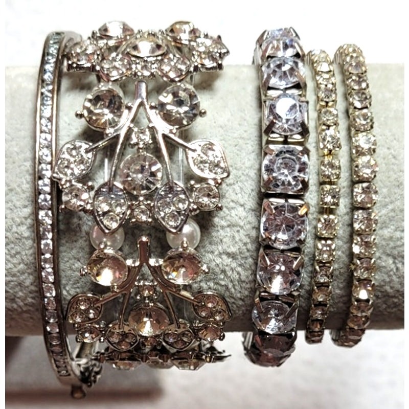 Clear Crystal Rhinestone Tennis Station Necklace Stretch Bracelet Lot Silvertone