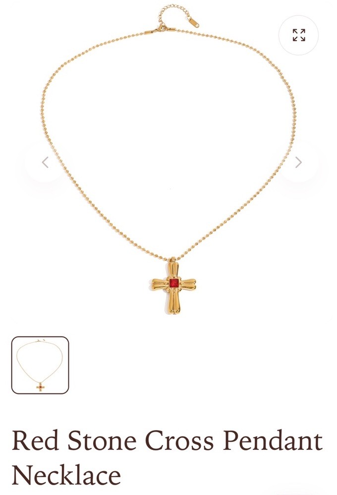 18 K Gold PVD- Plated Stainless Steel Red Stone Cross Pendant Necklace 22”+