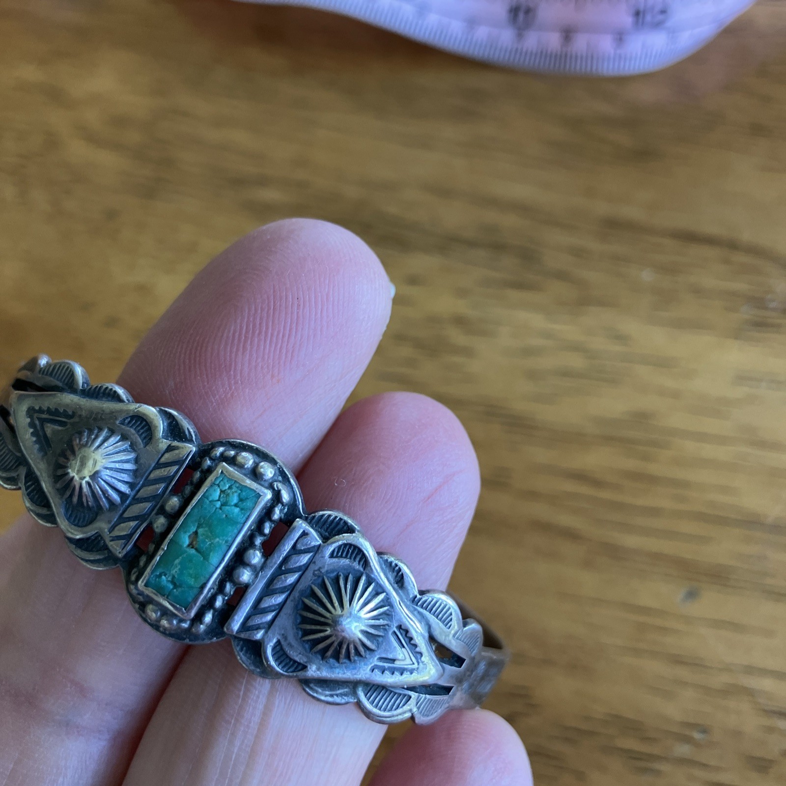 Vintage Fred Harvey Era Sterling Silver Turquoise Cuff Bracelet Feather Arrow