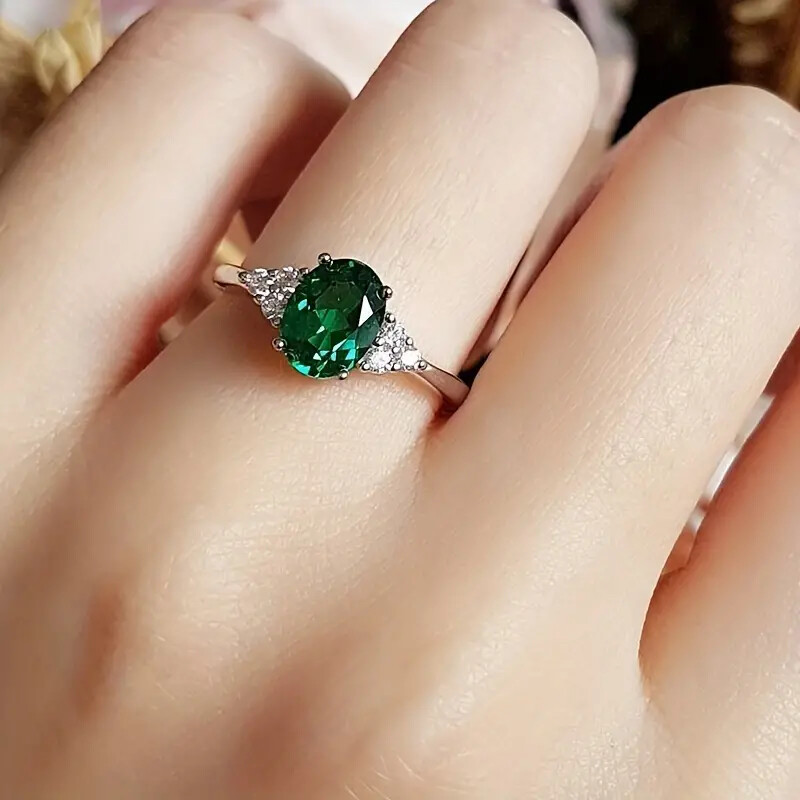 1pc Fashion Green Oval Artificial Gemstone Ring, Anniversary Birthday Gift