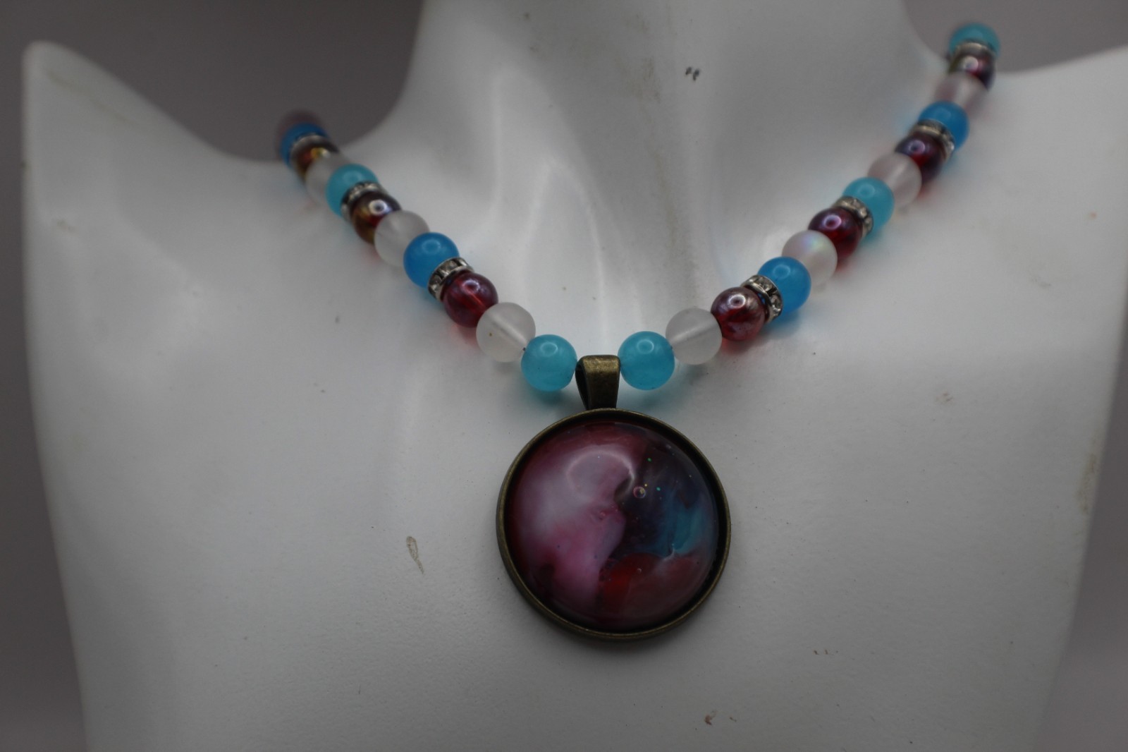 Red White And Blue Resin Jewelry Set With Large Abstract Pendant