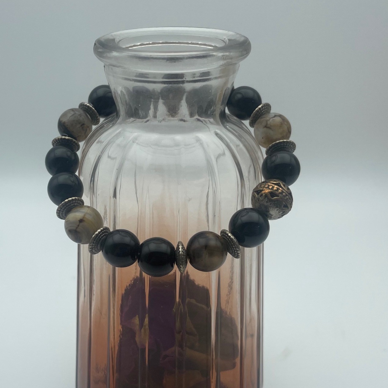 Stretch Beaded Bracelet Set – Black, White, Gray Stone Beads boho chic cute
