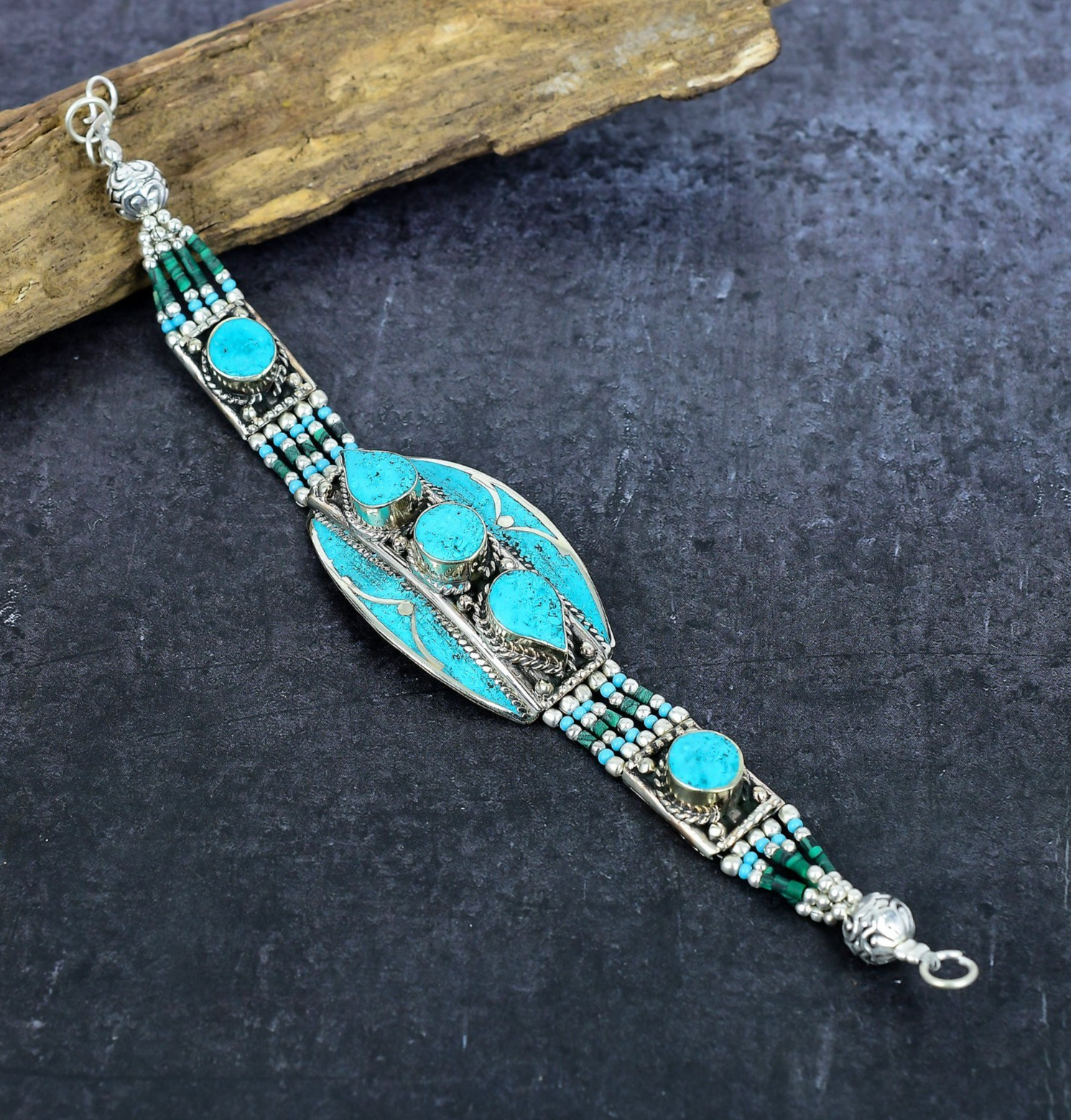 Blue Turquoise Gemstone Handmade 925 Sterling Silver Jewelry Nepali Bracelet