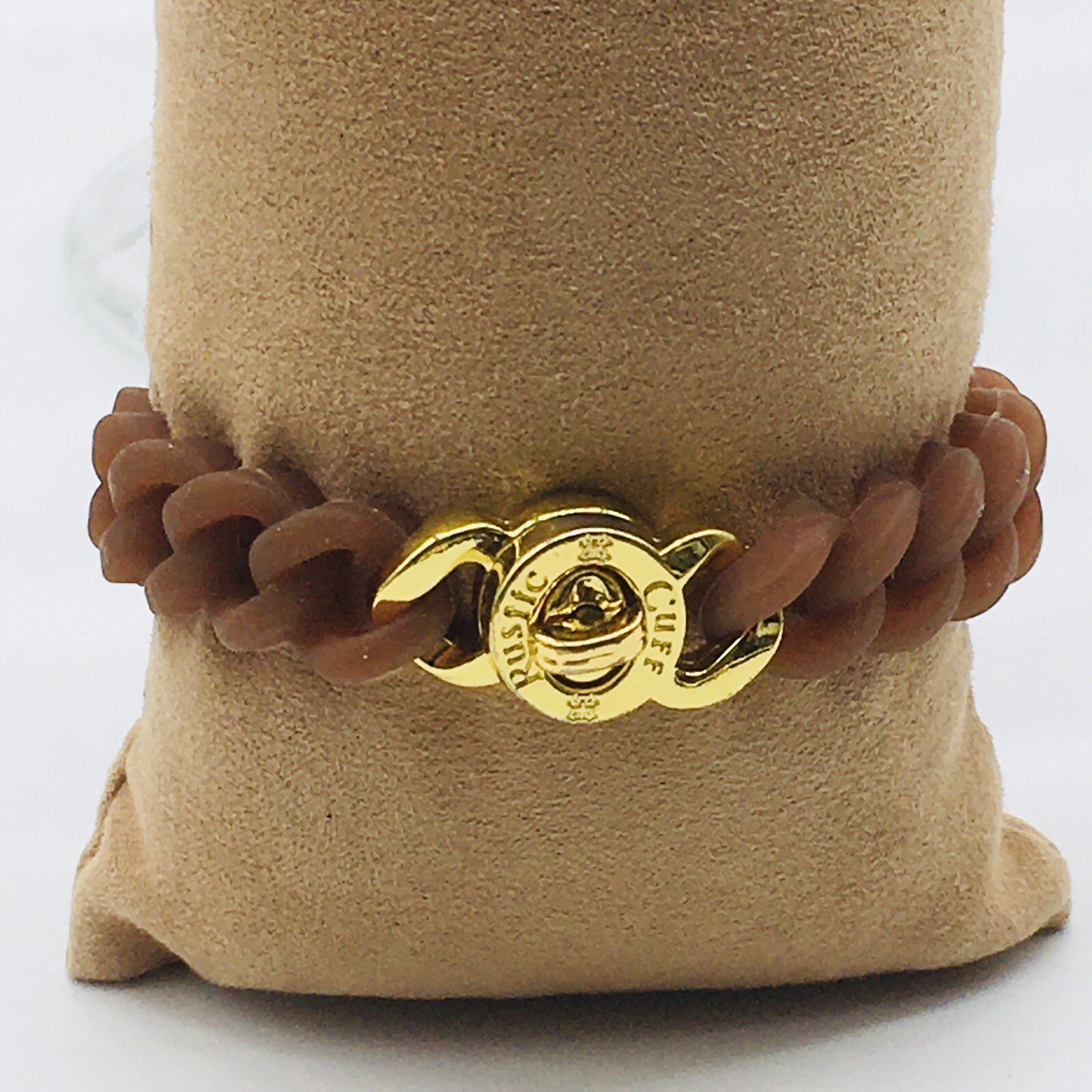 Rustic Cuff Gold Tone Logo Turn Lock Brown Silicone Stretch Mock Chain Bracelet