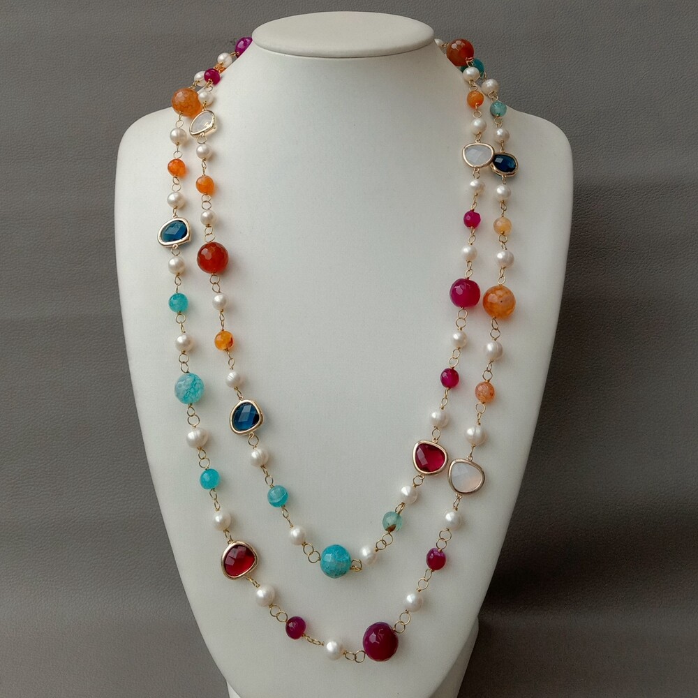 56″ Cultured White Pearl Multi Color Agate Crystal Long Necklace