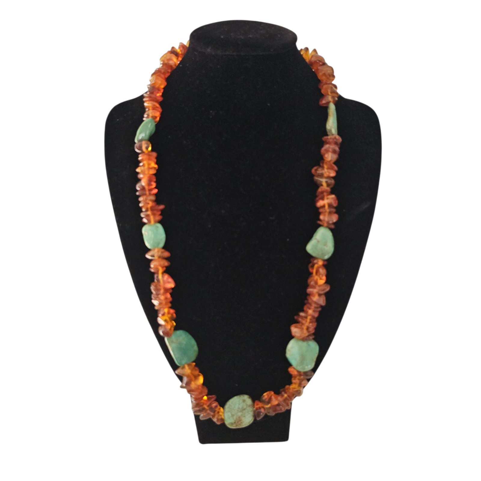 Vintage Native American Navajo Sterling Silver Turquoise Amber Bead Necklace 23″