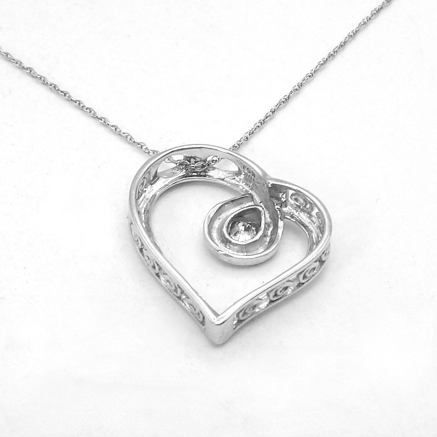Solid 10k Gold Natural Diamond Freeform Floating Open Heart Pendant Necklace 18″