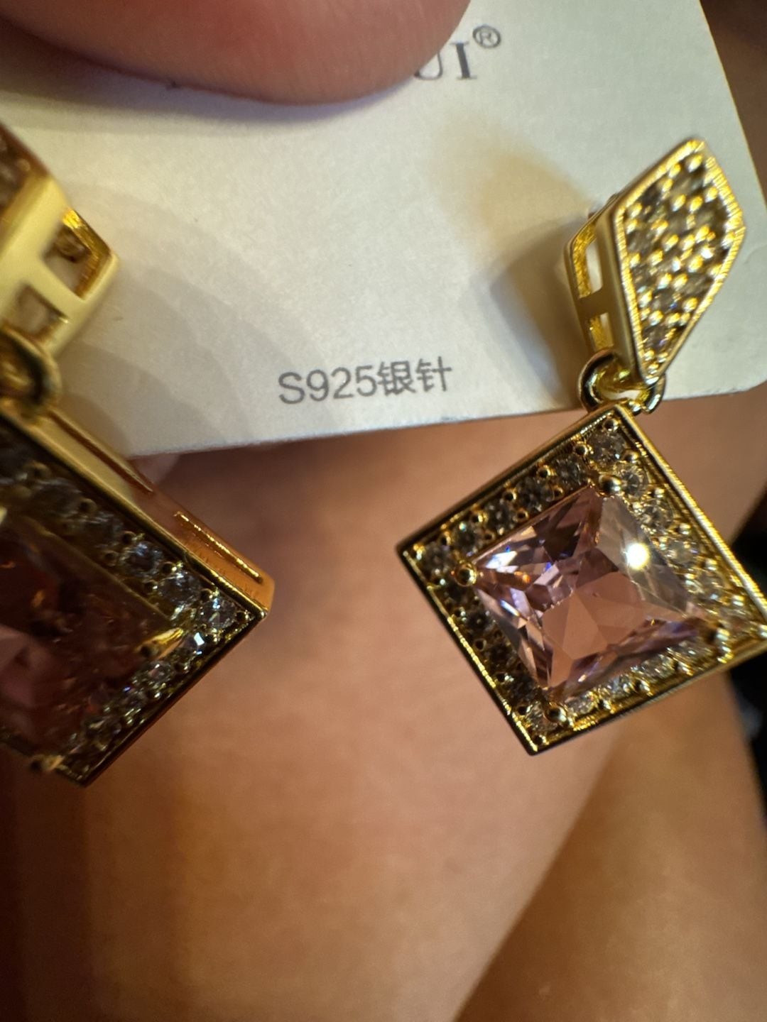 Gold-Tone Square Pink Crystal Pendant Necklace and Earring Jewelry Set with S925