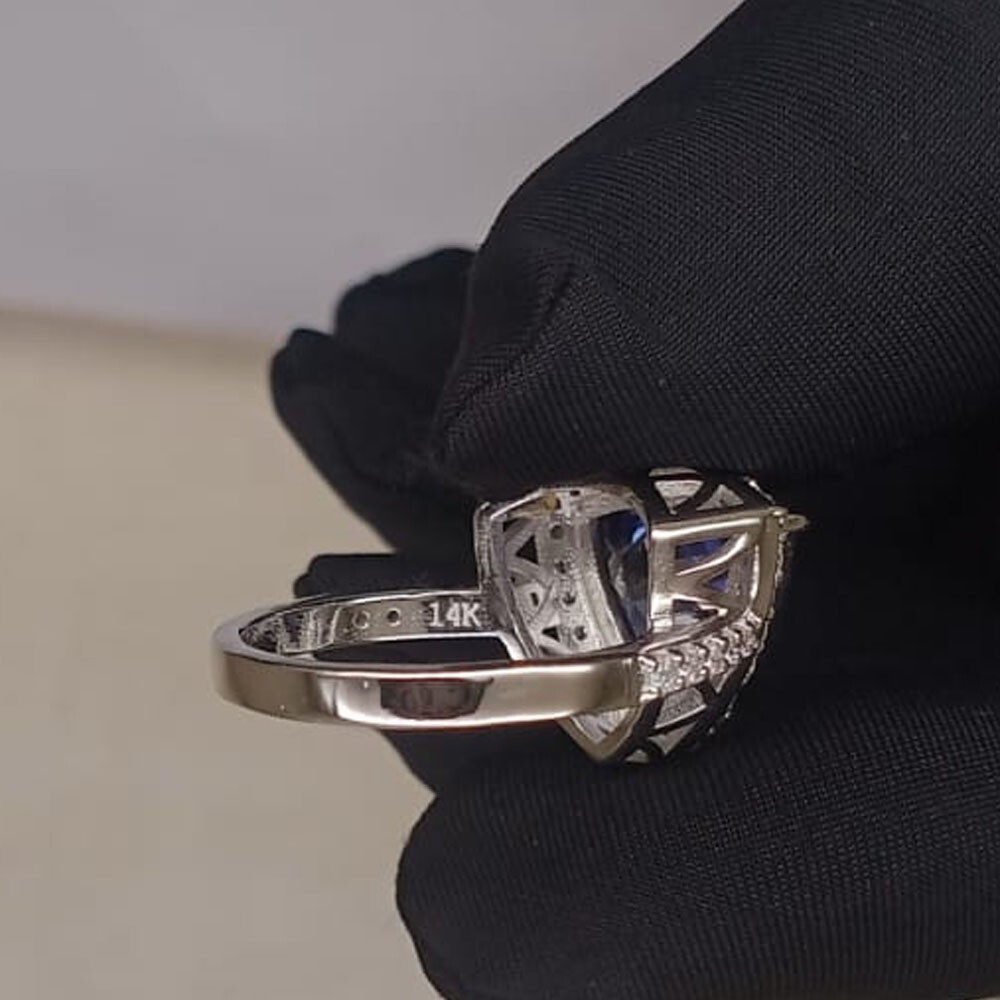 6.80Crt Trillion Cut Natural Tanzanite & Diamond 100% 14k SOLID White Gold Ring