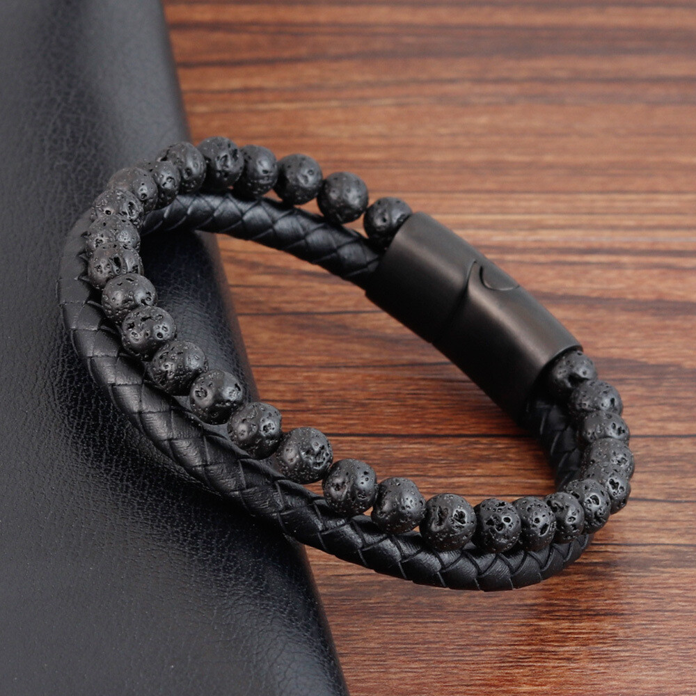 Obsidian Tiger Eye Beaded Protection Strength Healing Men Leather Bracelet Gifts