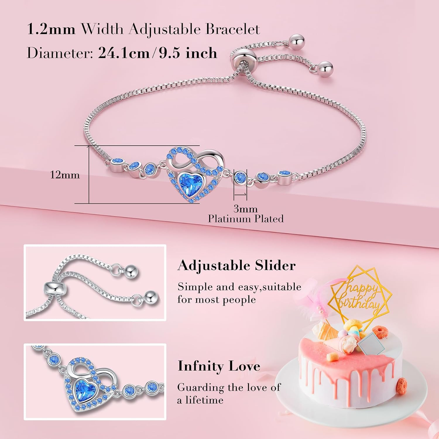 Birthstone Bracelets for Women Trendy: Infinity Heart Tennis Bracelet with Cubic