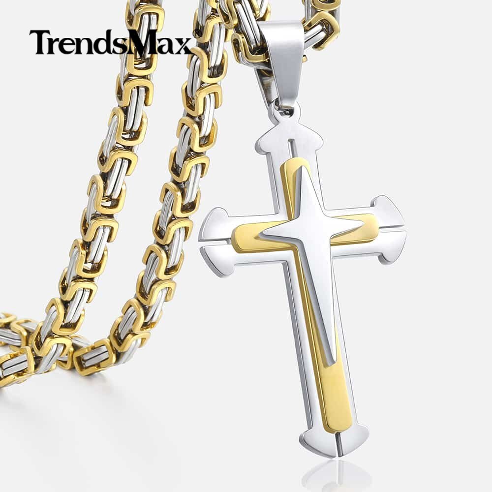 Silver/Gold Plated Cross Pendant Necklace Stainless Steel Byzantine Chain 20/22″