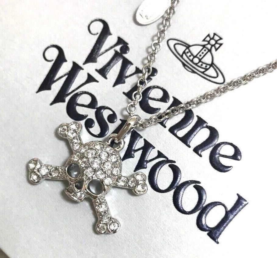 Vivienne Westwood Skull Orb Stone Chain Necklace Silver with drawstring
