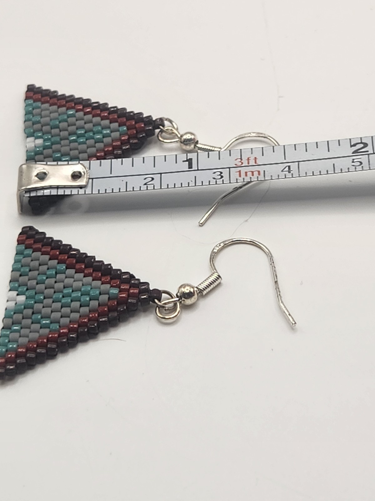 Handmade Peyote Seed Bead Triangle Dangle Earrings Sterling Silver 925 Hooks
