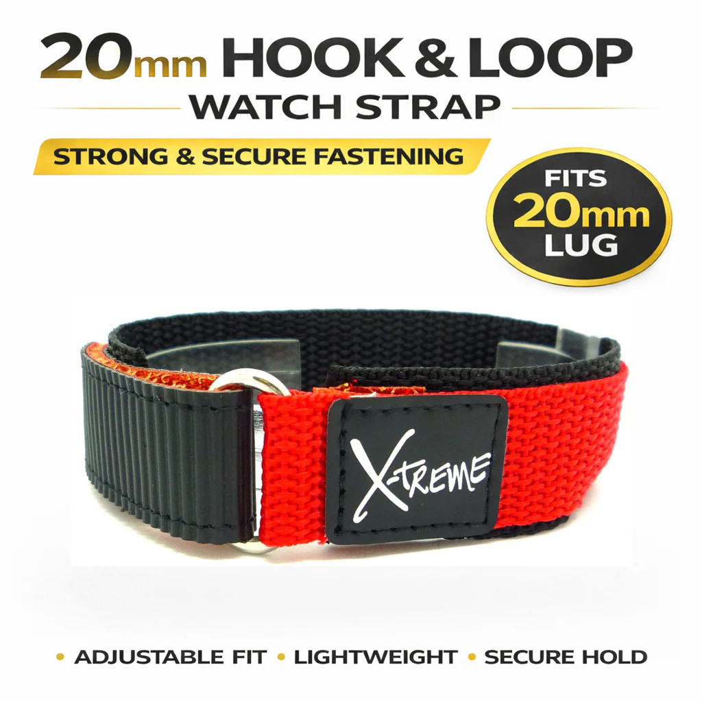 X-Treme 20mm Red Tough Secure Hook & Loop Nylon Watch Band Strap Gents Men’s wit