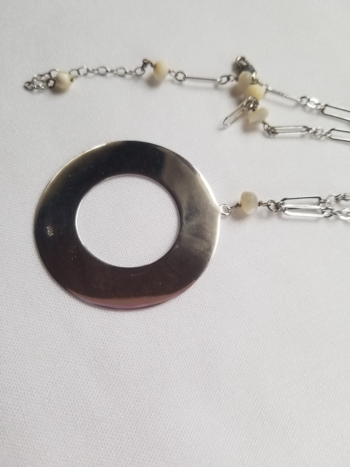Sterling Silver Circle Pendant Necklace Paper Clip Chain White Quartz Italy 13g